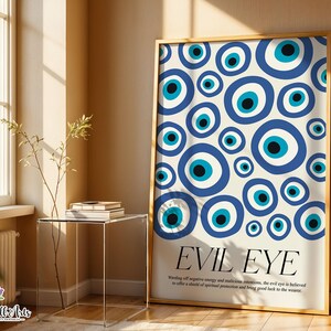 Op de afbeelding: Een ingelijste print met een herhaald patroon van blauwe en witte evil eye-symbolen op een crèmekleurige achtergrond. De tekst "EVIL EYE" staat onder het patroon, met een beschrijving van de betekenis van het symbool. De lijst is licht van kleur.