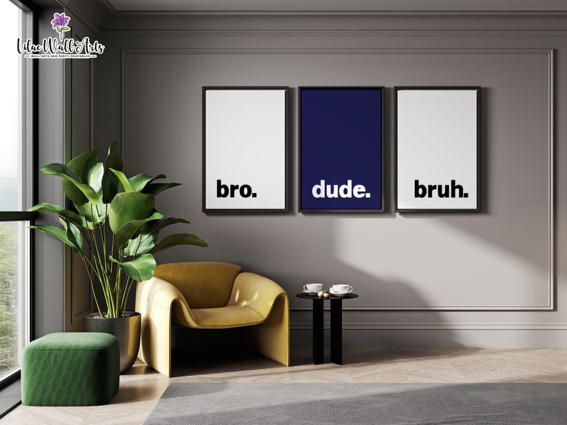 May include: Three framed prints with the words "bro", "dude", and "bruh" in white text on a black background. The middle print is navy blue. The prints are hanging on a gray wall.