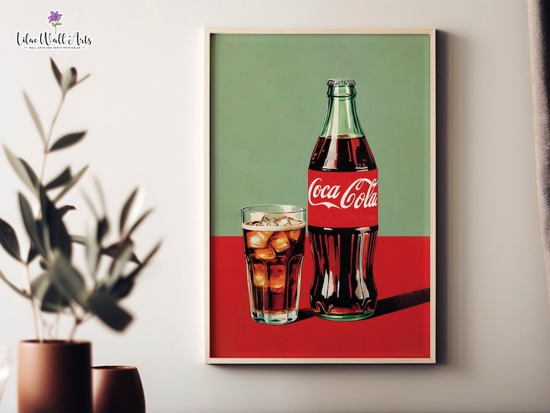 May include: A vintage-style illustration of a glass of Coca-Cola with ice and a bottle of Coca-Cola on a red background with a green border.