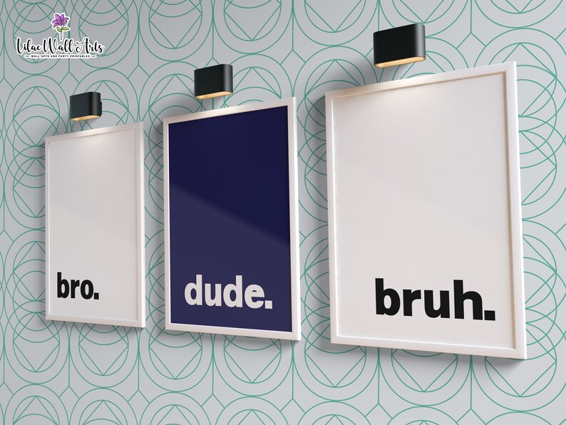 May include: Three white framed prints with black text on a light blue background with a geometric pattern. The prints read "bro." "dude." and "bruh."