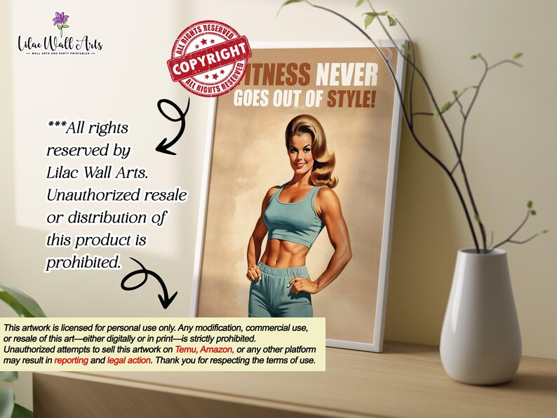 Op de afbeelding: Een vintage-stijl motiverende poster met een vrouw in een blauwe tanktop en blauwe broek, met de tekst "Fitness Never Goes Out of Style!" in rode en witte letters. De poster heeft een rode copyright-stempel met het woord "Copyright" in witte letters.