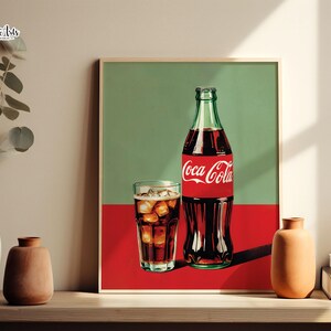 May include: A vintage-style illustration of a Coca-Cola bottle and a glass of cola with ice. The bottle is green and has the Coca-Cola logo in white. The glass is clear and filled with brown cola and ice cubes. The background is a green and red color scheme.
