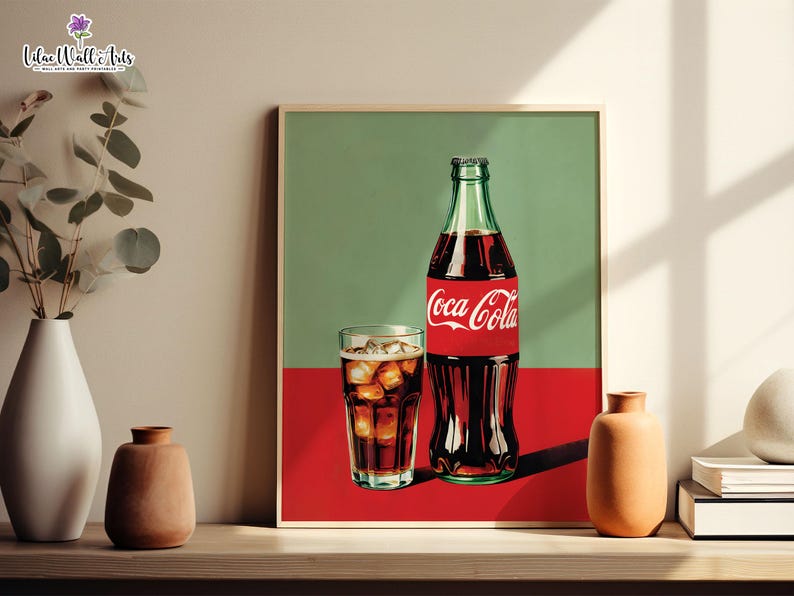 May include: A vintage-style illustration of a Coca-Cola bottle and a glass of cola with ice. The bottle is green and has the Coca-Cola logo in white. The glass is clear and filled with brown cola and ice cubes. The background is a green and red color scheme.