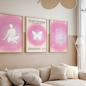 Juego de 3 pósteres rosas con aura positiva, decoración de habitación para adolescentes, póster estético para pared de galería de aura, póster rosa degradado que expresa manifestación.