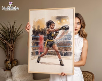 May include: A framed watercolor-style art print depicting a boxer in a ring. The athlete wears a black and gold uniform with gloves, throwing a punch. The background shows a crowd of spectators and red corner padding in a stadium setting.