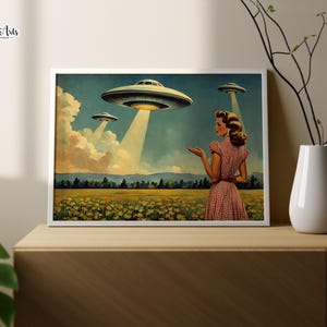Retro futuristic UFO spaceship art, UFO abduction, Retro UFO printable, Alien Poster, Flying Saucer Art, Funny Hostess Gift, Alien Décor ufo