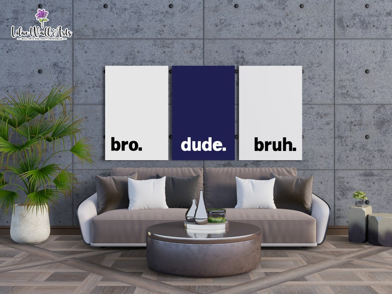 May include: Three white canvas prints with black text on a gray concrete wall. The text on the prints reads "bro." "dude." and "bruh."