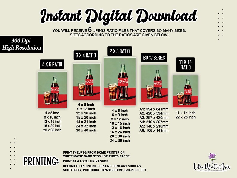 May include: Digital download of five JPEG files featuring a vintage Coca-Cola bottle and glass with ice. The files are available in five different aspect ratios: 4x5, 3x4, 2x3, ISO 'A' series, and 11x14. The image is 300 DPI and high resolution. The text 'Instant Digital Download' is at the top of the image.