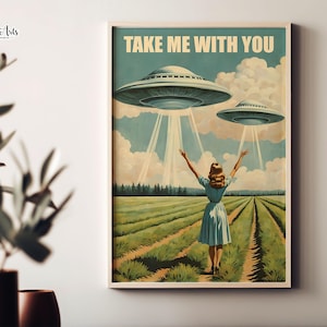 Flying Saucer Art: Vintage scifi poster, Alien Decor (Digital Download)