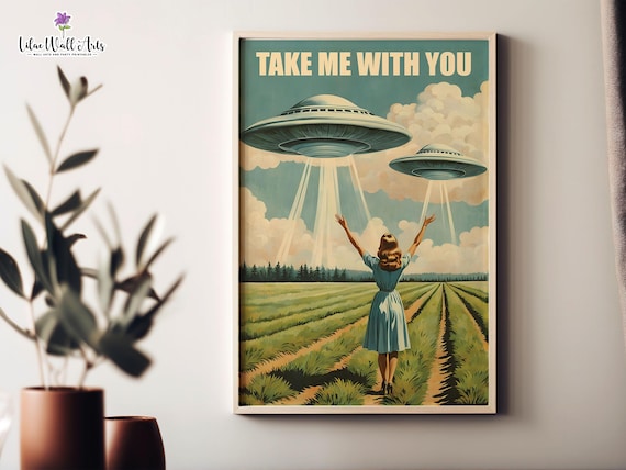 Flying Saucer Art: Vintage scifi poster, Alien Decor (Digital Download)