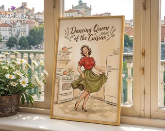 May include: A framed wall art print featuring a retro-style illustration of a person dancing in a kitchen. The text Dancing Queen of the Cuisine is printed at the top. The scene includes a stove, refrigerator, and kitchen shelves in a warm color palette.