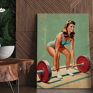 May include: A woman in a blue tank top and black shorts lifts a barbell with red weights. The background is a green and blue gradient.
