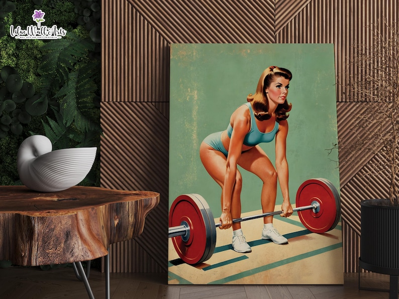 May include: A woman in a blue tank top and black shorts lifts a barbell with red weights. The background is a green and blue gradient.