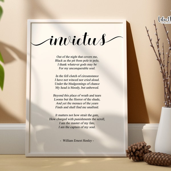Invictus Poem Print, Invictus Art Print, Poetry Poster, Inspirational Poem Gift, William Ernest Henley Print, library décor, Graduation gift