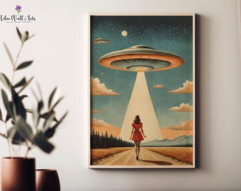 Retro UFO Entführung Kunstdruck: Fliegende Untertasse, Vintage Sci-Fi Poster (Digitaler Download)
