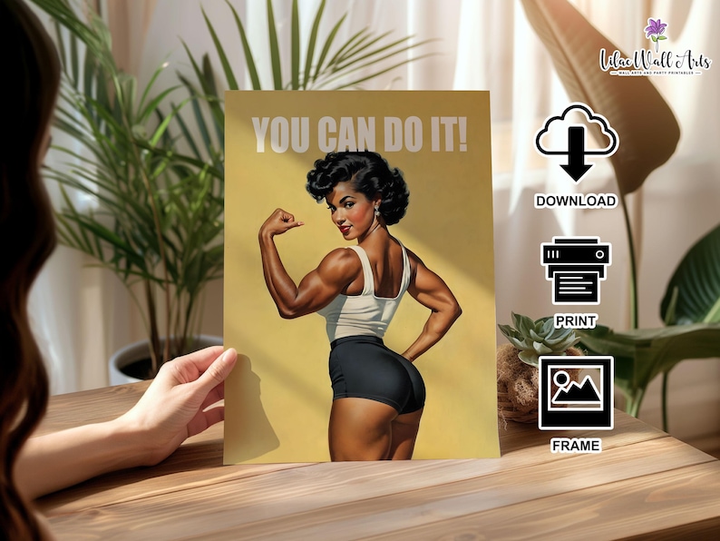 May include: A rectangular wall art print featuring a muscular person with dark hair in a white tank top and black shorts, posing with a flexed arm against a yellow background. The text YOU CAN DO IT! is printed in white at the top of the poster.