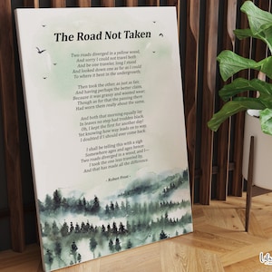Droga nie wybrana Robert Frost Wiersz Sztuka ścienna Wydruk, Zimowa dekoracja, Prezent dla miłośnika książek, Wydruk sztuki poetyckiej, Wydruk sztuki literackiej, Biblioteka domowa