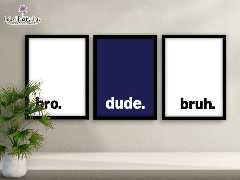 May include: Three framed prints with black frames and white backgrounds. The prints have the words "bro." "dude." and "bruh." in bold white text.