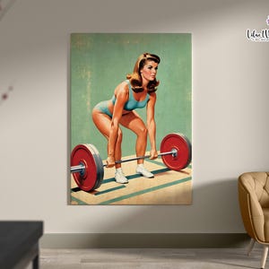 May include: A woman in a blue swimsuit and white sneakers lifts a barbell with red weights. The background is a light green color.