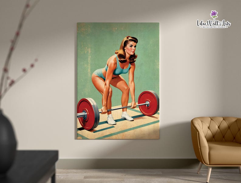 May include: A woman in a blue swimsuit and white sneakers lifts a barbell with red weights. The background is a light green color.