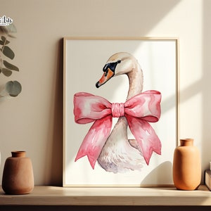 Babyzwaan Art print: roze strik, coquette kinderkamerdecoratie, girly badkamerprint (digitale download)
