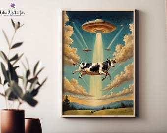 Koe ontvoering ufo-kunstdruk: retro samenzweringsposter (digitale download)