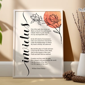 Impresión del poema Invictus, póster de Invictus, decoración para el hogar y la oficina, regalo para amantes de los libros, impresión literaria, poemas famosos, arte mural de poesía, impresiones de poesía