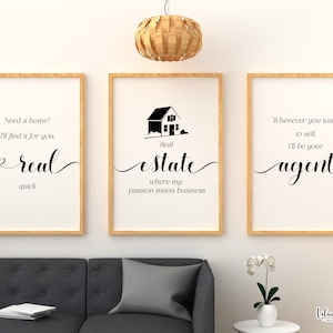 Conjunto de 3 obras de arte inmobiliario, regalos para agentes inmobiliarios, decoración de oficinas, regalos para agentes inmobiliarios, letreros para agentes inmobiliarios, arte mural para agentes inmobiliarios, impresiones artísticas para agentes inmobiliarios.