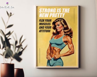 Póster de gimnasio retro: Arte mural de mujer fuerte y fitness, ilustraciones de gimnasio (descarga digital)