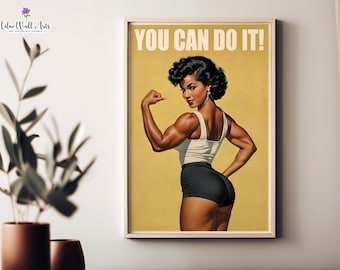Póster de gimnasio retro: Arte mural de mujer fuerte y fitness, ilustraciones de gimnasio (descarga digital)