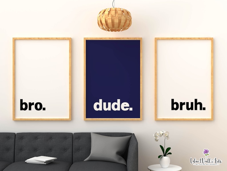 May include: Three framed prints with the words "bro", "dude", and "bruh" in black text on a white background. The middle print has a dark blue background.