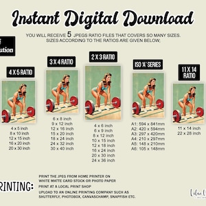 May include: A digital download of a vintage-style illustration of a woman lifting weights. The image is available in five different aspect ratios, including 4x5, 3x4, 2x3, ISO 'A' series, and 11x14. The image is 300 DPI and high resolution. The text 'Instant Digital Download' is at the top of the image. The text 'PRINTING' is at the bottom of the image, with instructions on how to print the image.