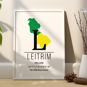 Leitrim GPS-Koordinaten, Karte von Irland Print, irisches Poster, irische Drucke, Irland Karte Poster, keltische Kunst, irische Geschenke, Irland Reisegeschenk