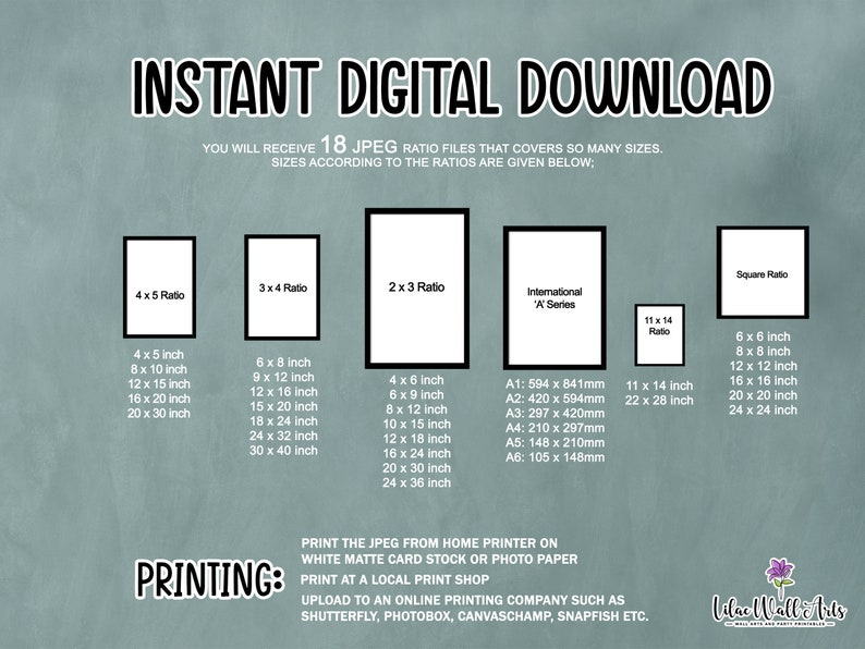 May include: A digital download graphic with the text "Instant Digital Download" in black text on a light blue background. The graphic shows 18 different JPEG ratio files that can be used to print images in various sizes. The graphic includes a list of sizes in inches and millimeters for each ratio.