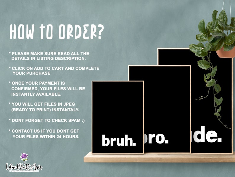 May include: Three black framed prints with white text on a wooden shelf. The text on the prints reads "bruh", "pro", and "de".