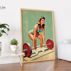 May include: A vintage-style poster featuring a woman in a blue swimsuit lifting a barbell. The poster has a green background with a white grid pattern.
