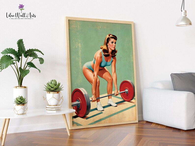 May include: A vintage-style poster featuring a woman in a blue swimsuit lifting a barbell. The poster has a green background with a white grid pattern.