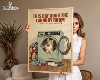 Retro Laundry Room Poster: Funny Cat laundry print (Digital Download)