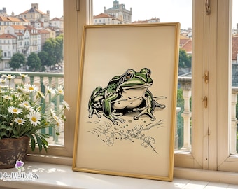 Retro Frog Print: Vintage Japanese Art, Wabi Sabi Decor (Digital Download)