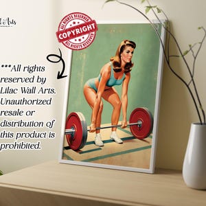 May include: A vintage-style poster featuring a woman lifting weights. The poster has a blue, green, and red color scheme and includes the text "COPYRIGHT" in a red circle.