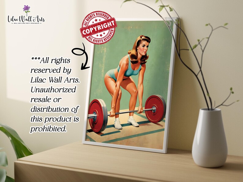 May include: A vintage-style poster featuring a woman lifting weights. The poster has a blue, green, and red color scheme and includes the text "COPYRIGHT" in a red circle.