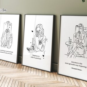 K&ouml;nnte beinhalten: Drei Schwarzwei&szlig;-Zeichnungen von Frauen, die B&uuml;cher lesen. Das erste Bild zeigt den Text "Ihre Seele geh&ouml;rt zu Worten und B&uuml;chern. Jedes Mal, wenn sie liest, ist sie zu Hause." Das zweite Bild zeigt den Text "Gl&uuml;ck ist ein Kaffee und ein gutes Buch." Das dritte Bild zeigt den Text "Literatur ist die angenehmste Art, das Leben zu ignorieren. - Fernando Pessoa -"