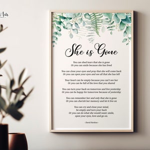 Arte de pared con poema "Ella se ha ido", regalo conmemorativo, regalo de condolencia, duelo, recuerdo, pérdida, pérdida de alguien, poema funerario, dolor, agradecimiento por el funeral