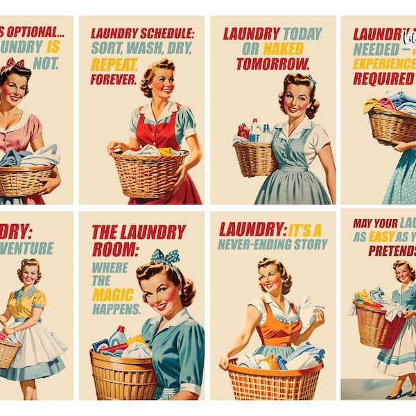 Retro Laundry Room Art Prints: Funny Housewife Decor (Digital Download)