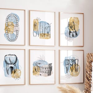 Puede incluir: Conjunto de seis impresiones de arte de pared imprimibles con ilustraciones de dientes y herramientas dentales en un estilo acuarela azul y dorado. Las impresiones son perfectas para un consultorio dental o un baño.