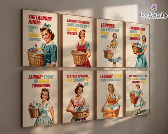 Retro Laundry Room Prints: Funny Vintage laundry art (Set of 8) (Digital Download)