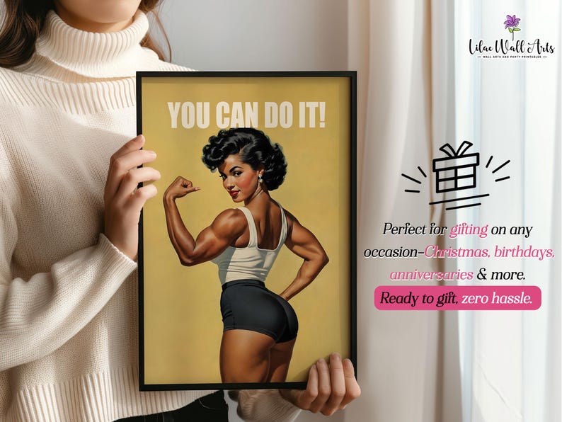 May include: A framed poster featuring a vintage-style illustration of a muscular person flexing their arm, wearing a white tank top and black shorts. The text YOU CAN DO IT! is printed in white at the top against a muted yellow background.