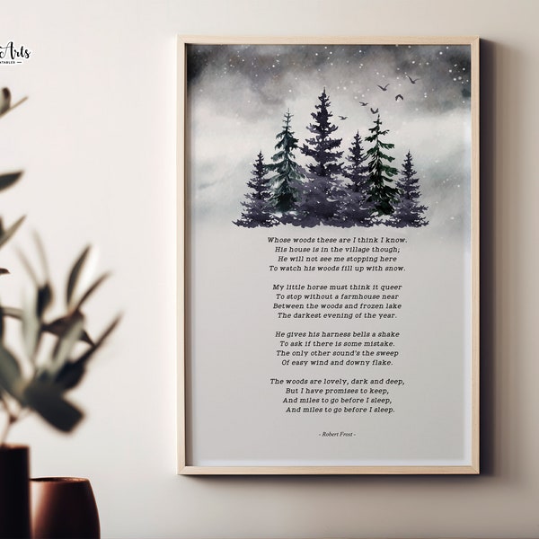 Stopping by Woods Robert Frost printable Poem wall art, Poetry wall art, Winter Decor, Bookworm Gift, Winter Poem Printable, Poem Art Print