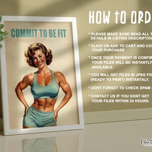 Może przedstawiać: Motywacyjny plakat w stylu vintage z kobietą w niebieskim sportowym biustonoszu i spodenkach. Plakat głosi "Commit to be fit" i zawiera instrukcje dotyczące zamawiania.