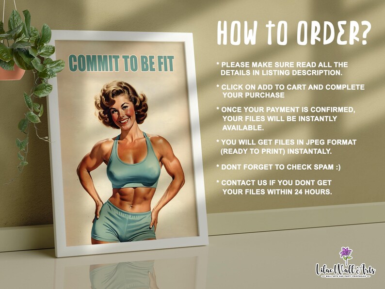 Może przedstawiać: Motywacyjny plakat w stylu vintage z kobietą w niebieskim sportowym biustonoszu i spodenkach. Plakat głosi "Commit to be fit" i zawiera instrukcje dotyczące zamawiania.